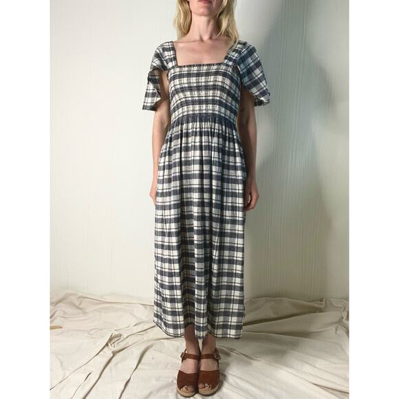 THE GREAT Gingham B&W Plaid Smocked Bust Flutter Sleeve Maxi Dress US SMALL - Picture 3 of 16